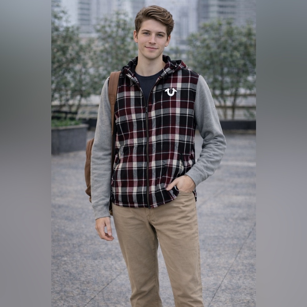 True Religion Zip Up Hoodie Plaid Teddy Vest-Berry size XL but fits MEDIUM men